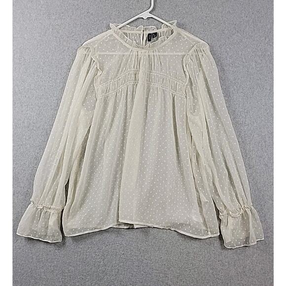 Vero Moda Ivory Swiss Dot LS Fairy Ruffled Smocked Sheer Blouse Women's Large - Picture 1 of 12